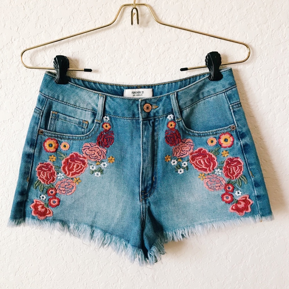 Embroidered Floral Jean Shorts